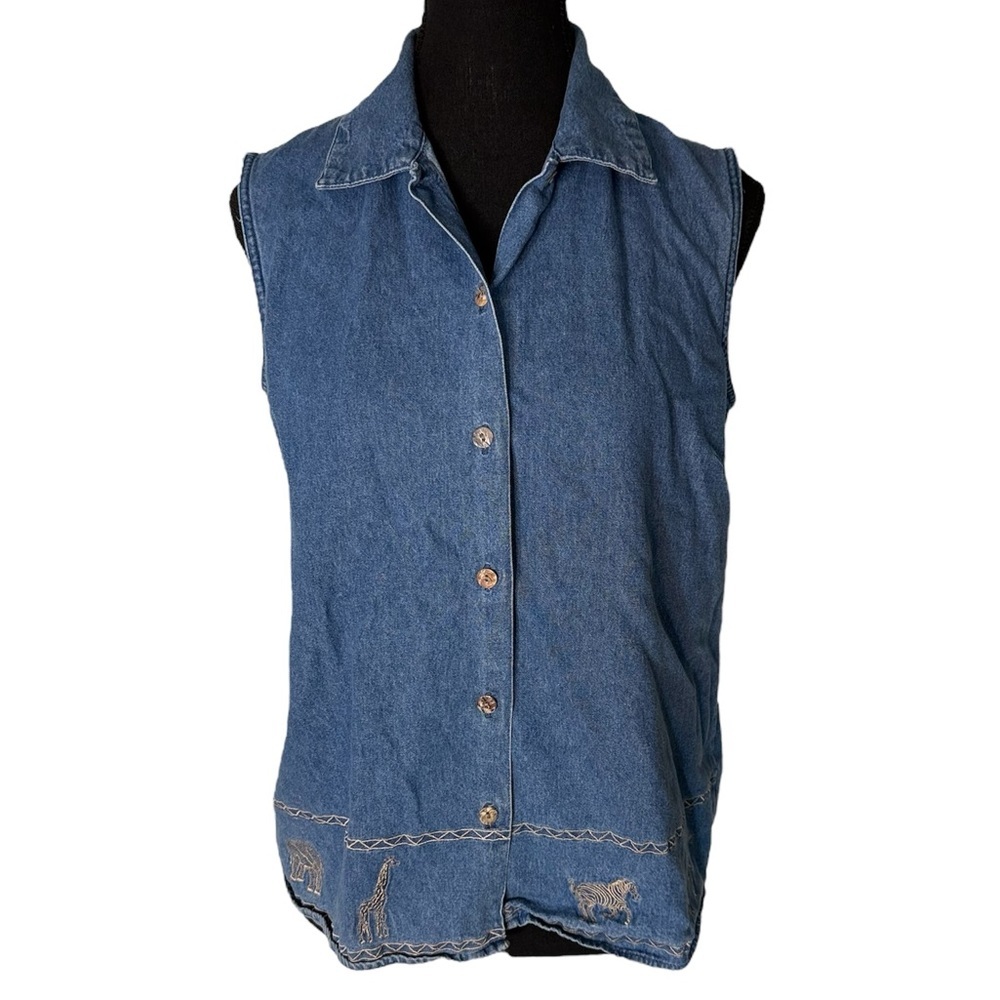 CABIN CREEK Sleeveless Denim Jean Button Down Top Safari Animal Embellish Medium
